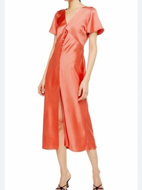 Topshop Satin V-Neck Midi Dress in Coral Orange
